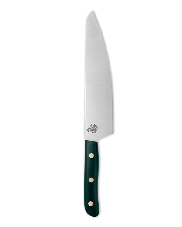  Cudaway 9 Mile handmade chef knife in Nitro-V steel with contoured Ironwood handle and brass Corby bolts, made in Montana. 62.5 HRC, 9 inch blade.