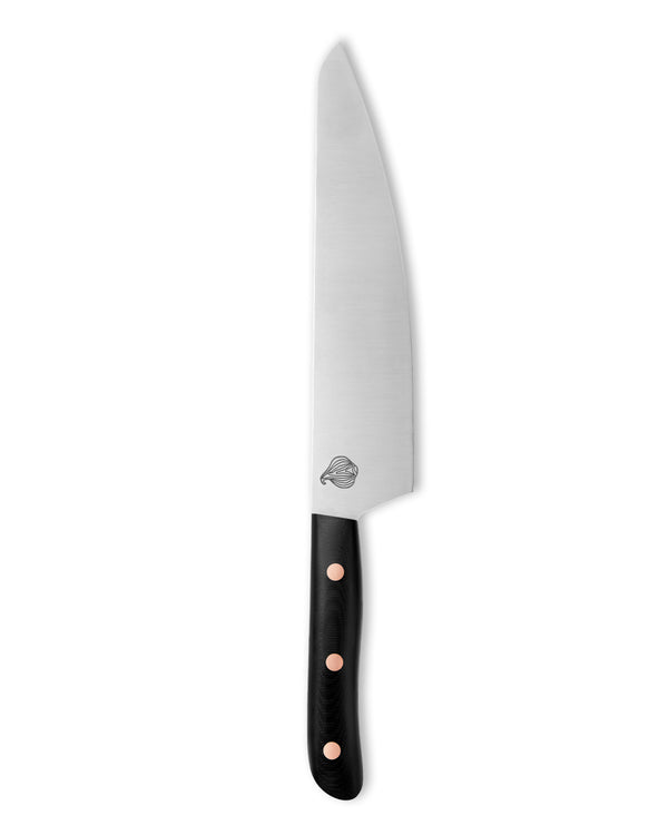  Cudaway 9 Mile handmade chef knife in Nitro-V steel with contoured Ironwood handle and brass Corby bolts, made in Montana. 62.5 HRC, 9 inch blade.