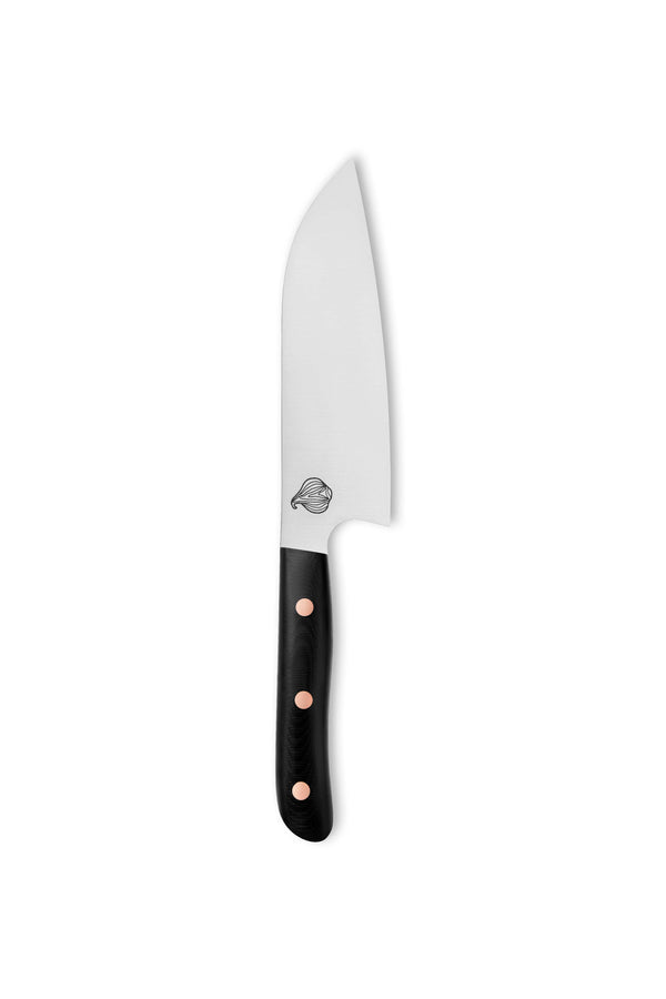 Cudaway Sanrok 7-inch handmade chef knife with signature inverted heel and g10 handle, made in Montana. 62.5 HRC, Nitro-v stainless steel