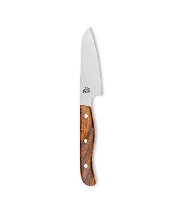 Cudaway handmade 4-inch utility knife in Nitro-V steel with inverted heel and G10 handle, made in Montana. 62.5 HRC.