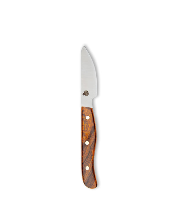  Cudaway handmade 3-inch paring knife in 440C steel with hand shaped ironwood handle, made in Montana. 440C stainless steel, 62.5 HRC