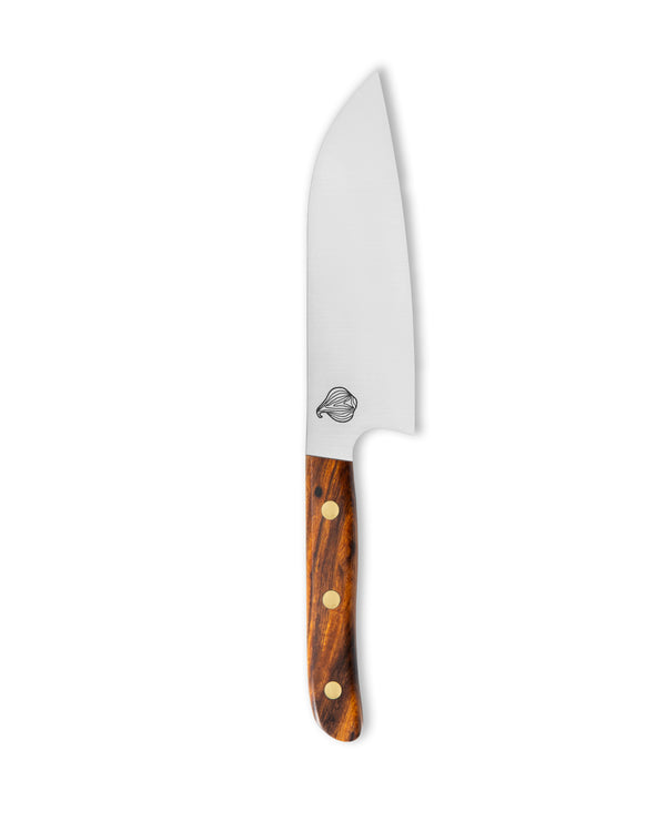 Cudaway Sanrok 7-inch handmade chef knife with signature inverted heel and hand shaped ironwood handle, made in Montana. 62.5 HRC, Nitro-v stainless steel