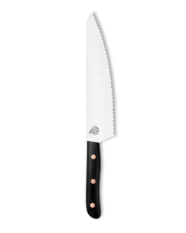 Cudaway 9 Mile handmade 9-inch serrated bread knife in Nitro-V steel with contoured handle, made in Montana. 62.5 HRC, USA made chef knife, usa made bread knife.