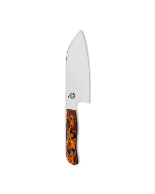 Cudaway Sanrok 5.5-inch handmade chef knife with inverted heel and Ironwood handle, made in Montana. 62.5 HRC, Nitro-V Stainless Steel.