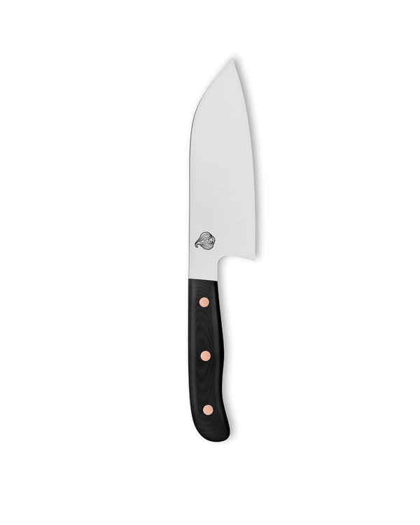 Cudaway Sanrok 5.5-inch handmade chef knife with inverted heel and G10 handle, made in Montana. 62.5 HRC, Nitro-V Stainless Steel.