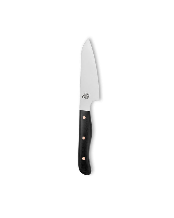 Cudaway handmade 4-inch utility knife in Nitro-V steel with inverted heel and G10 handle, made in Montana. 62.5 HRC.